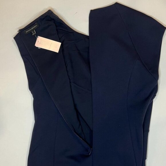 NWT BANANA REPUBLIC Crew Neck Asymmetrical Ruffle Navy Sheath Dress Lined Sz 8P - Picture 13 of 15